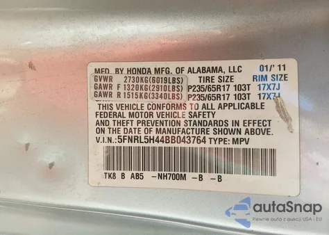 2011 Honda Odyssey Ex из США, поврежденный, VIN 5FNRL5H44BB043764